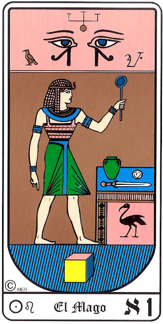 El Mago carta 1 del Tarot Egipcio Kier con los nueve símbolos herméticos explicados en tres niveles