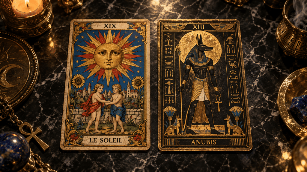 Comparación entre una carta de Tarot de Marsella y una de Tarot Egipcio