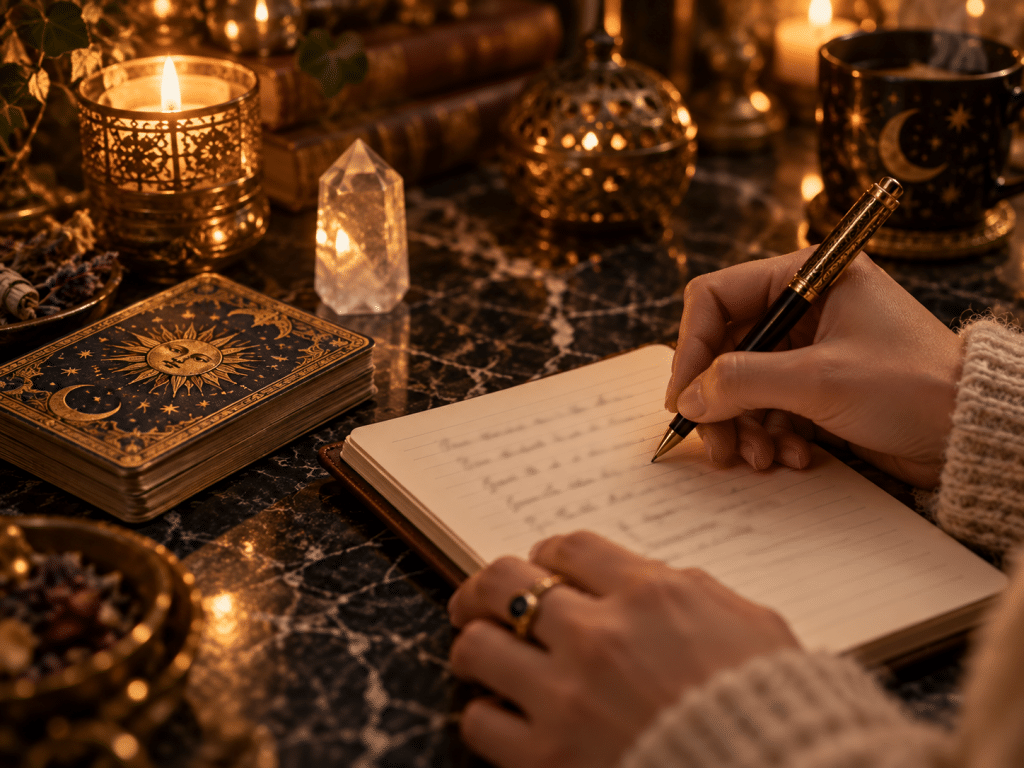 Persona escribiendo su pregunta antes de una lectura de tarot