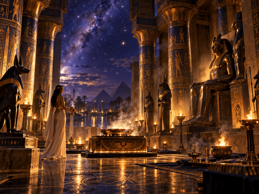 Templo egipcio hermético iluminado por fuego bajo un cielo estrellado