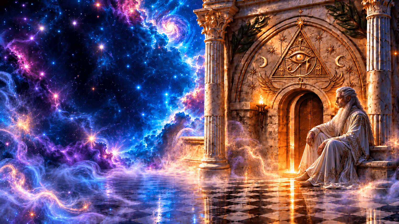 Templo hermético de LUMINITII con un maestro sentado junto a la puerta, sobre un piso de ajedrez entre la niebla